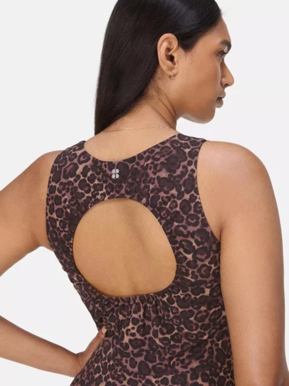 Sweaty Betty Explorer Open Back Midi Dress Brown Wild Leopard Size 6 NWOT